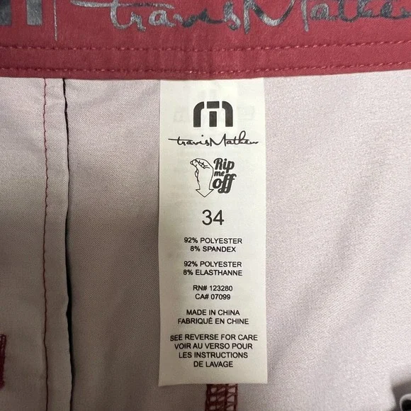 Travis Mathew Swim Board Shorts Mens 34 Red Striped Zip Pocket Beach Trunks - Picture 7 of 9